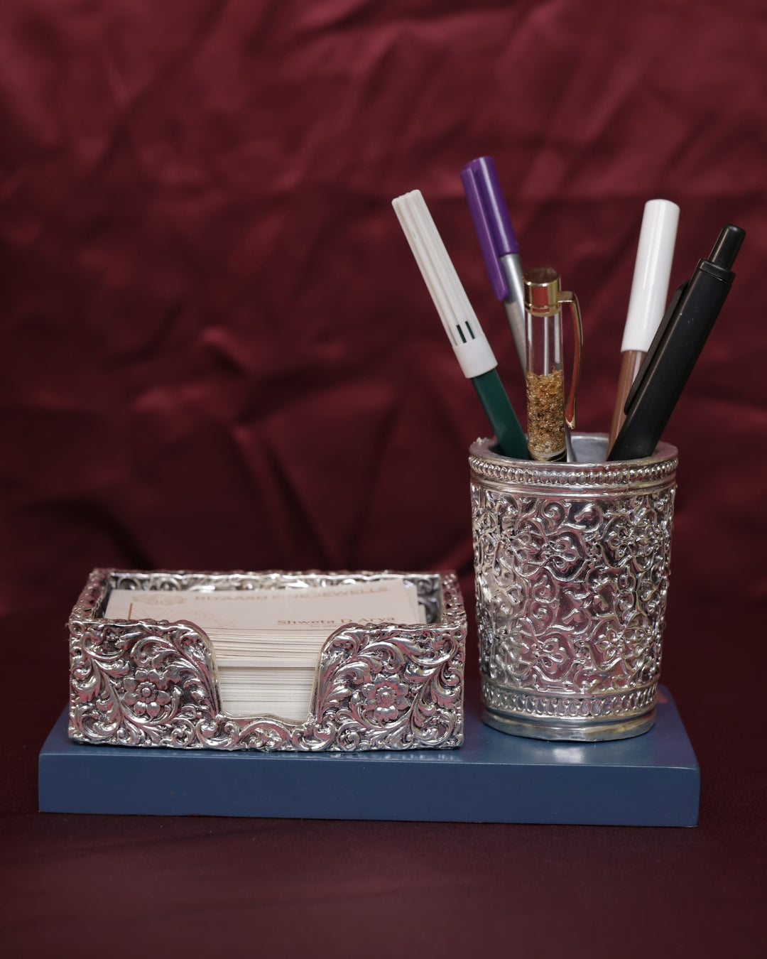 Silver Card Holder Pen Stand