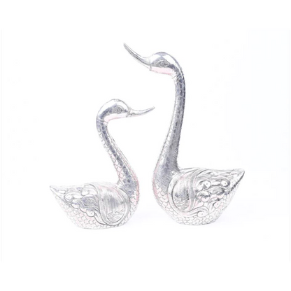 Silver swan figurine pair with iridescent mother-of-pearl accents