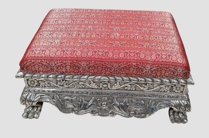 Silver Red Brocade Cushioned Chowki