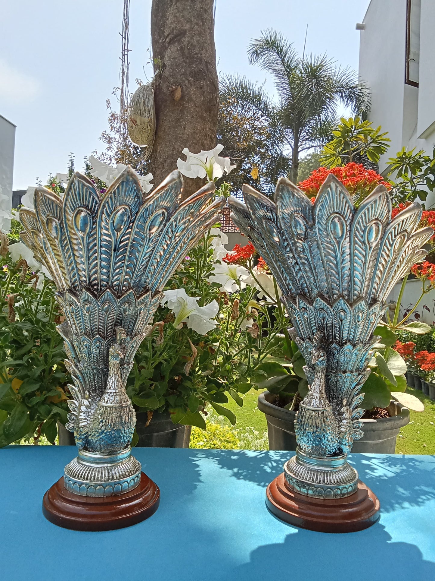 Silver Dancing Peacock Vase Pair