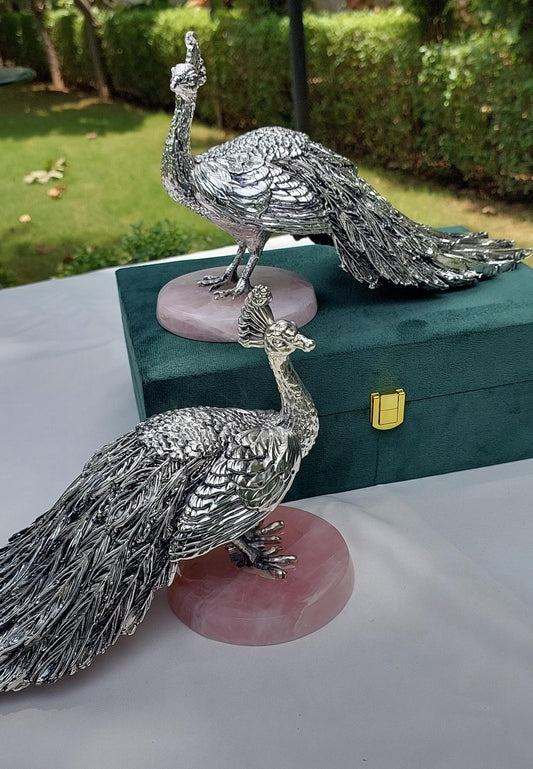 Silver Peacock with rose quartz base