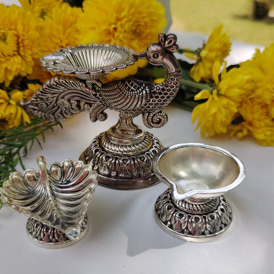Silver Peacock and Leaf Diya Set