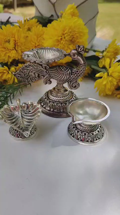 Silver Peacock and Leaf Diya Set